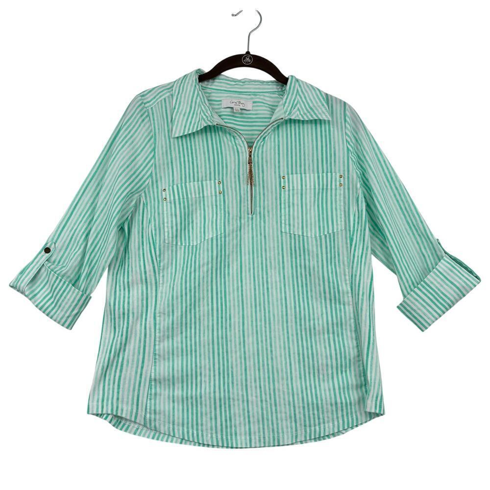 Coral Bay Blouse Womens Size S Petite Green Stripe Quarter Zip Roll Tab Sleeve
